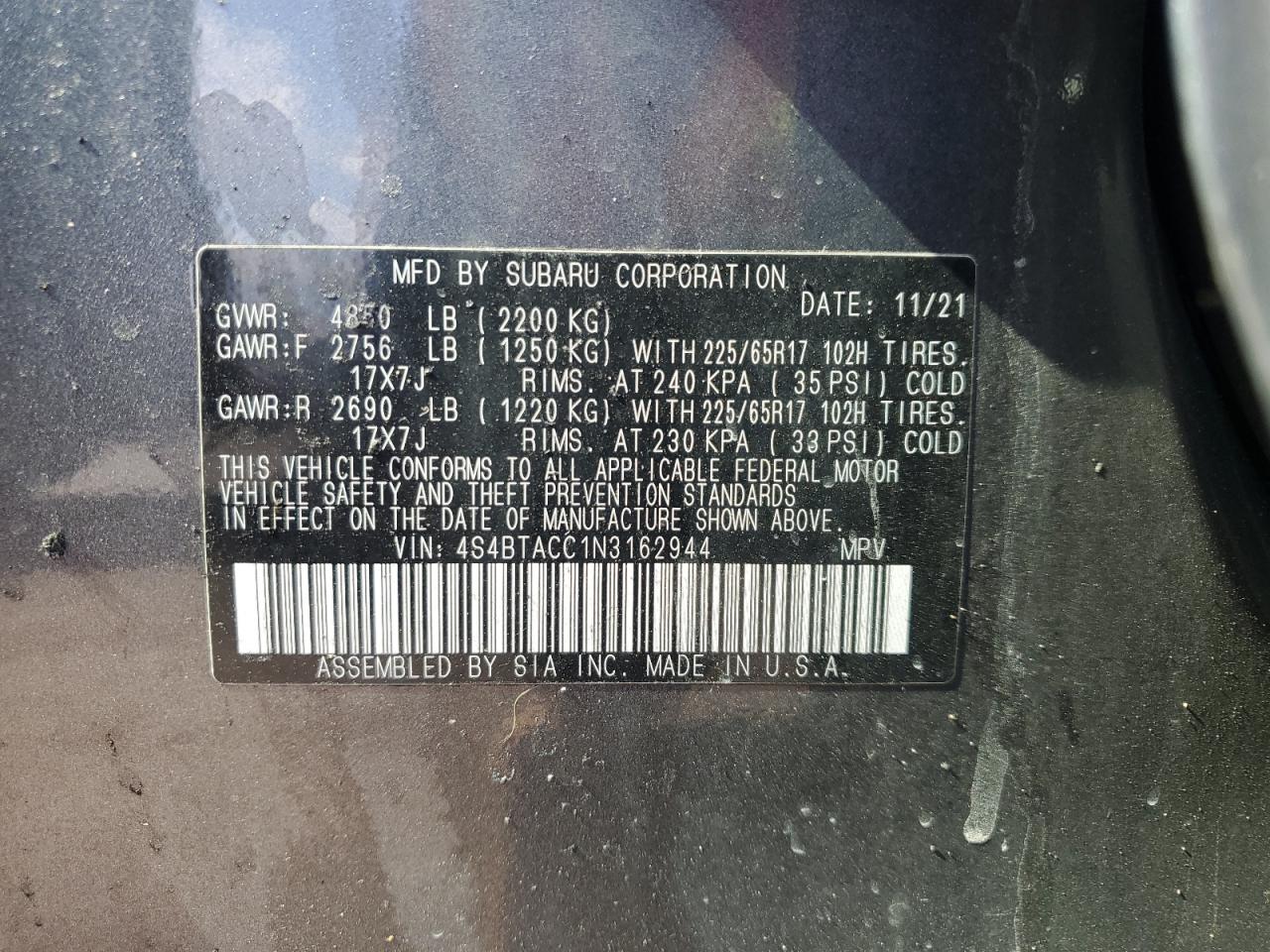 2022 SUBARU OUTBACK PREMIUM VIN:4S4BTACC1N3162944