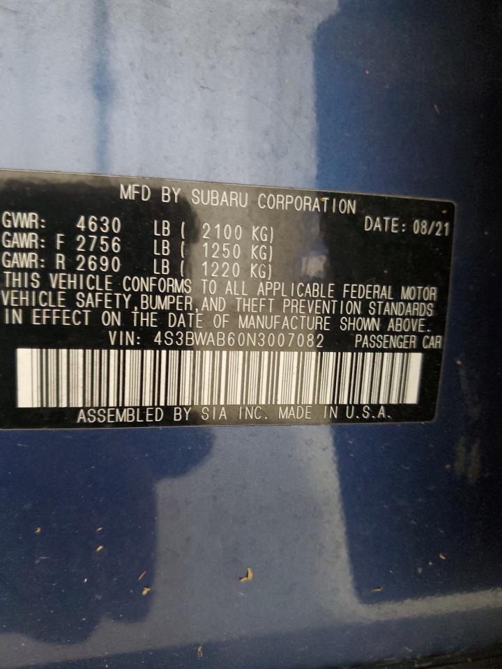 2022 SUBARU LEGACY VIN:4S3BWAB60N3007082