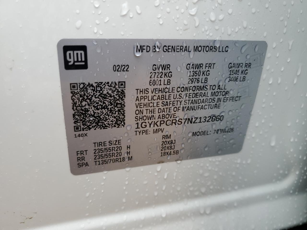 2022 CADILLAC XT6 PREMIUM LUXURY VIN:1GYKPCRS7NZ132860