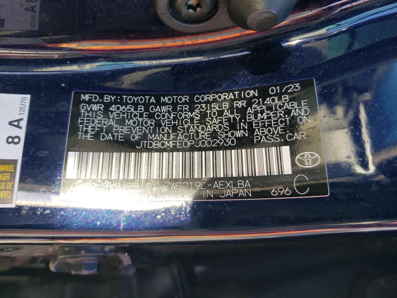 2023 TOYOTA COROLLA LE VIN:JTDBCMFE0PJ002930