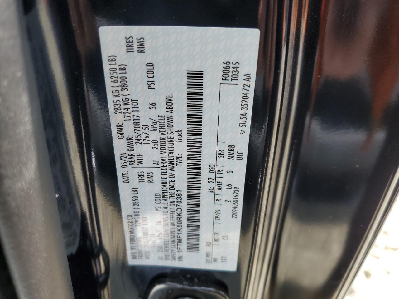 2024 FORD F150 XL VIN:1FTMF1K50RKD70381