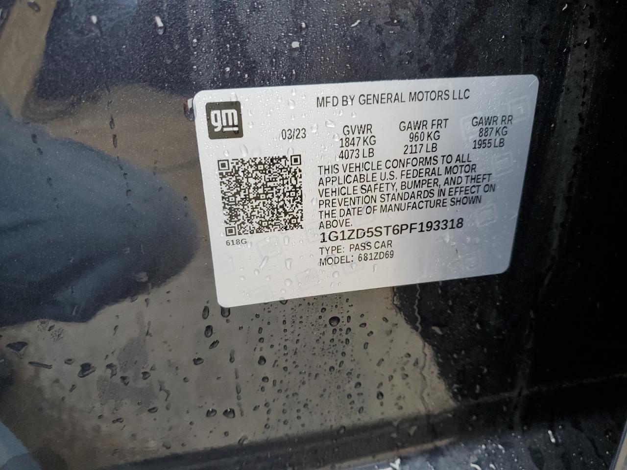 2023 CHEVROLET MALIBU LT VIN:1G1ZD5ST6PF193318