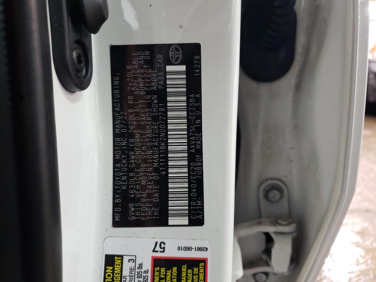 2022 TOYOTA CAMRY SE VIN:4T1T11BK2NU072781