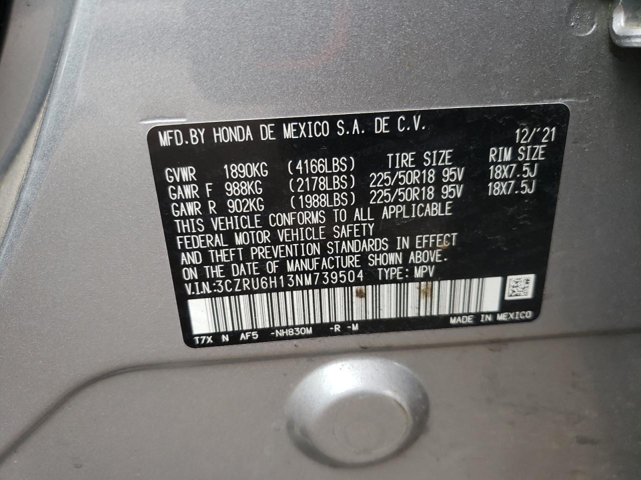 2022 HONDA HR-V SPORT VIN:3CZRU6H13NM739504