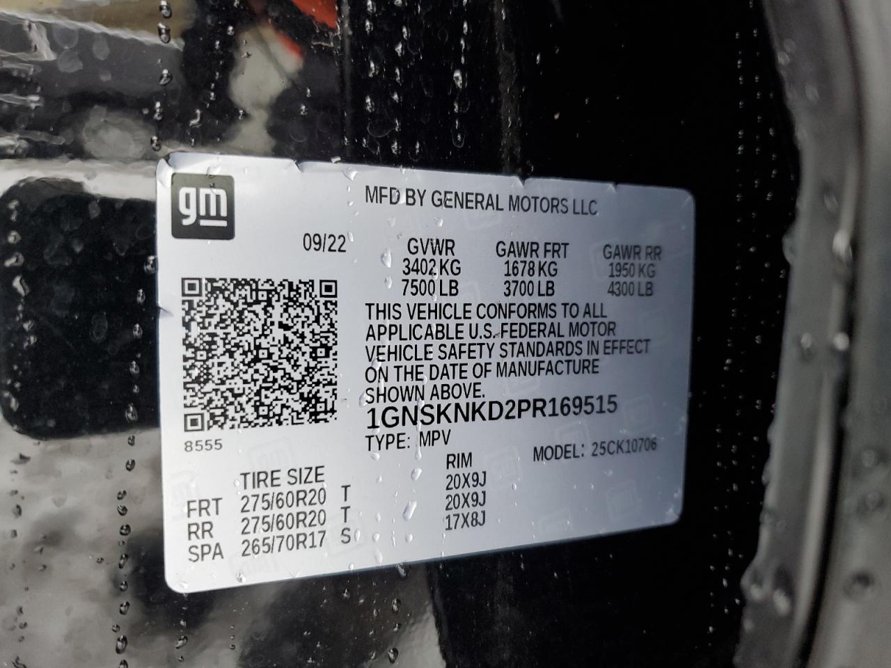 2023 CHEVROLET TAHOE K1500 LT VIN:1GNSKNKD2PR169515