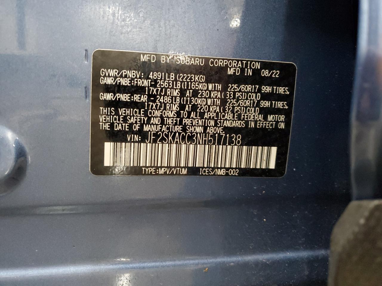 2022 SUBARU FORESTER  VIN:JF2SKACC3NH517138