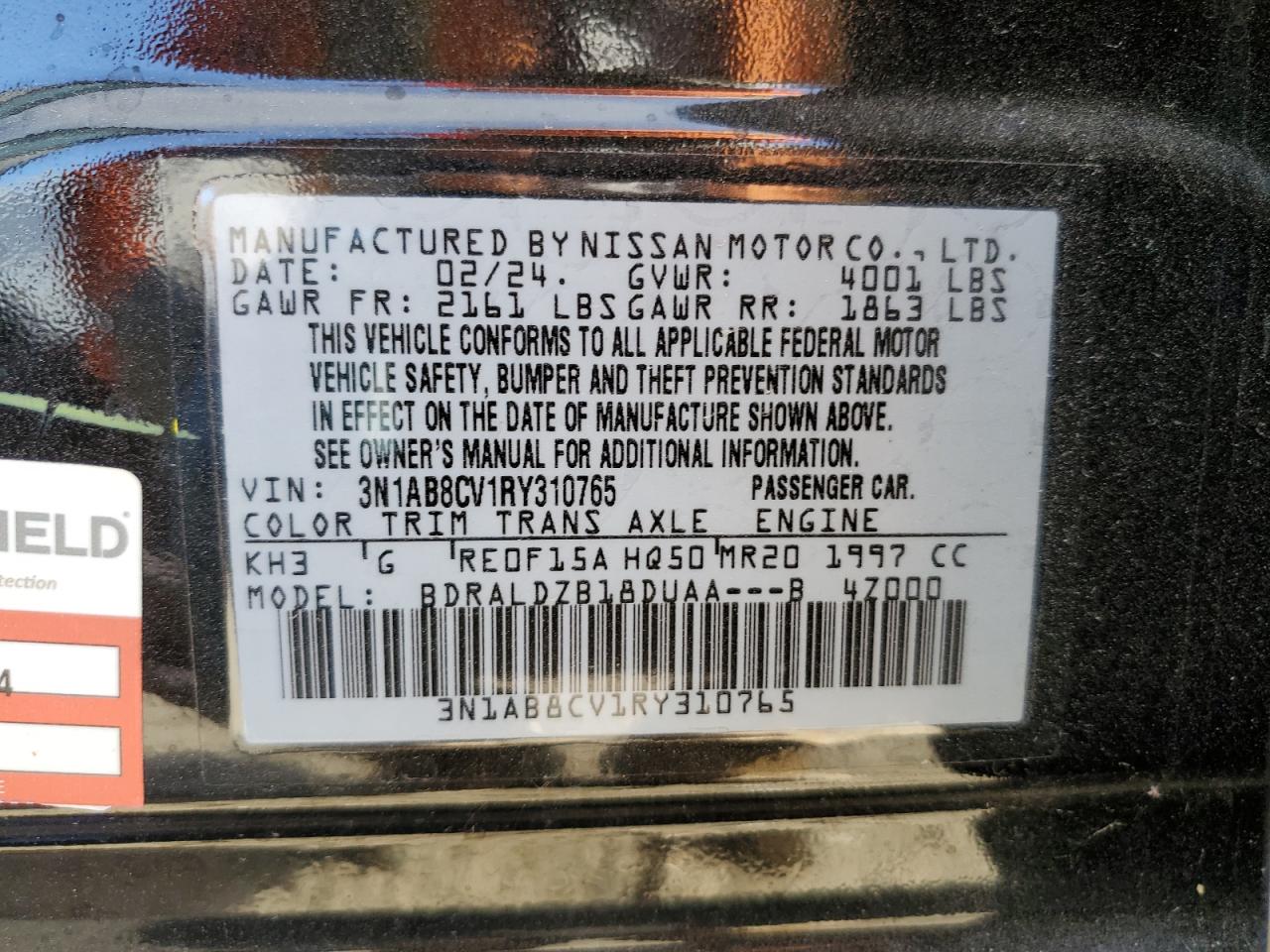 2024 NISSAN SENTRA SV VIN:3N1AB8CV1RY310765