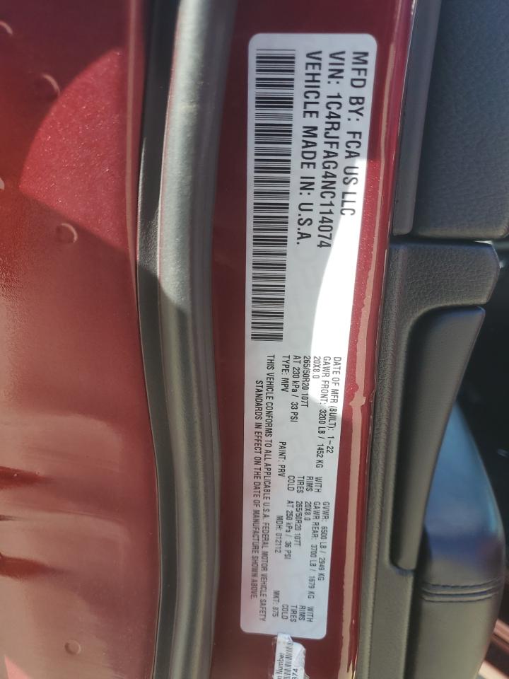 2022 JEEP GRAND CHEROKEE LAREDO E VIN:1C4RJFAG4NC114074