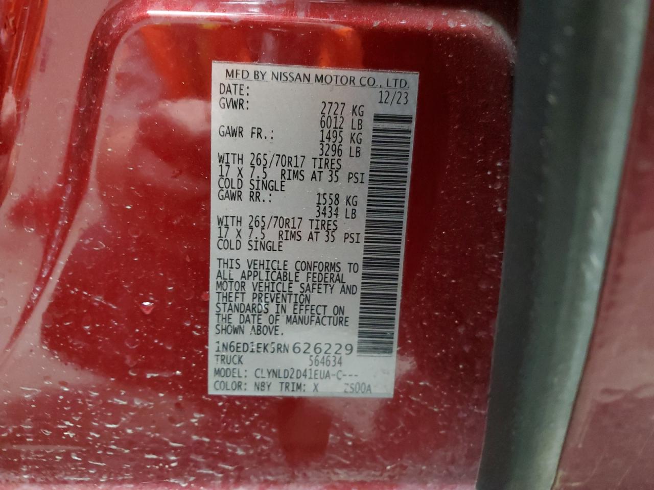 2024 NISSAN FRONTIER S VIN:1N6ED1EK5RN626229