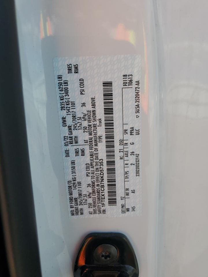 2022 FORD F150 SUPER CAB VIN:1FTEX1CB7NKD57353