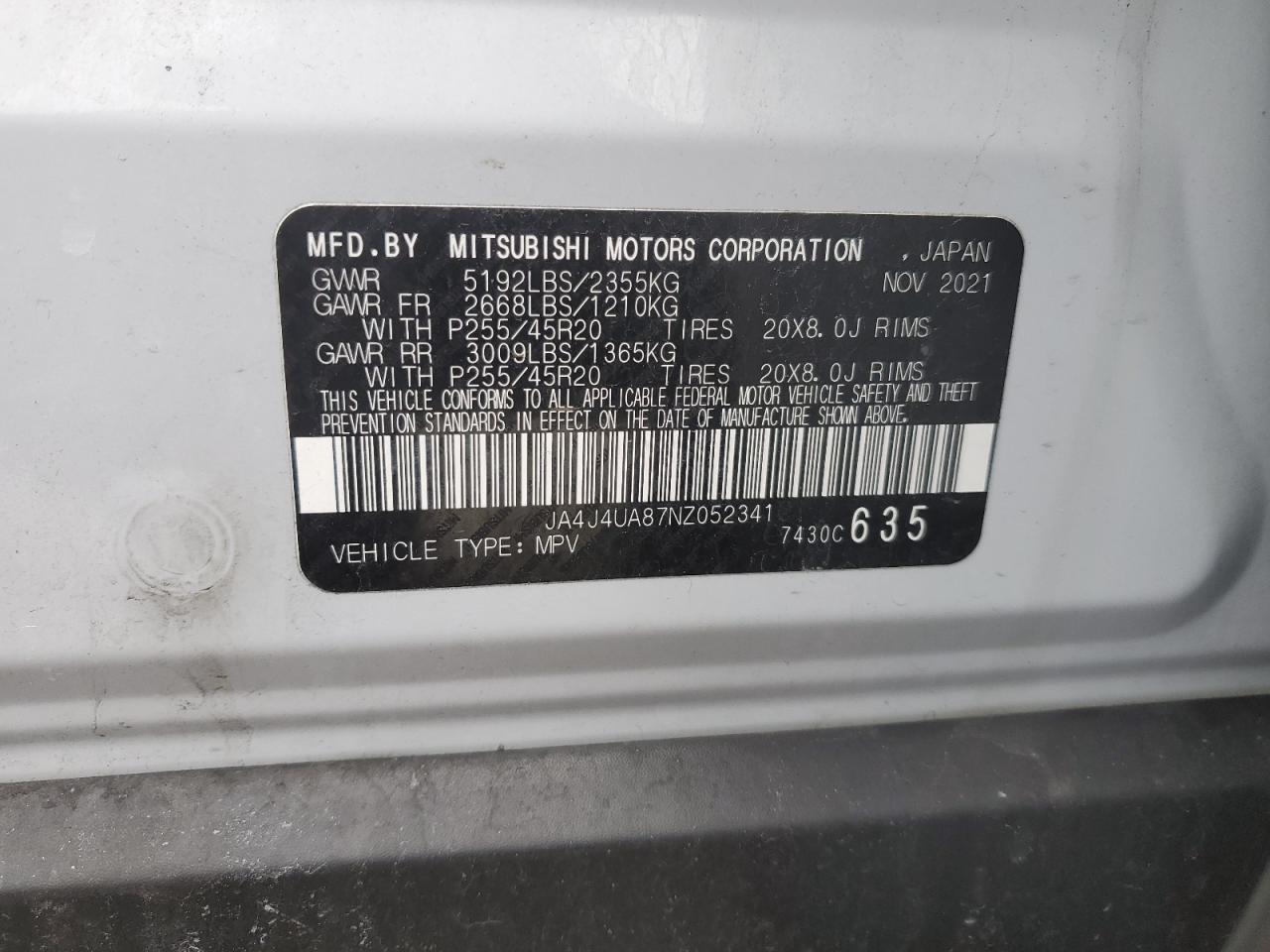 2022 MITSUBISHI OUTLANDER SE VIN:JA4J4UA87NZ052341