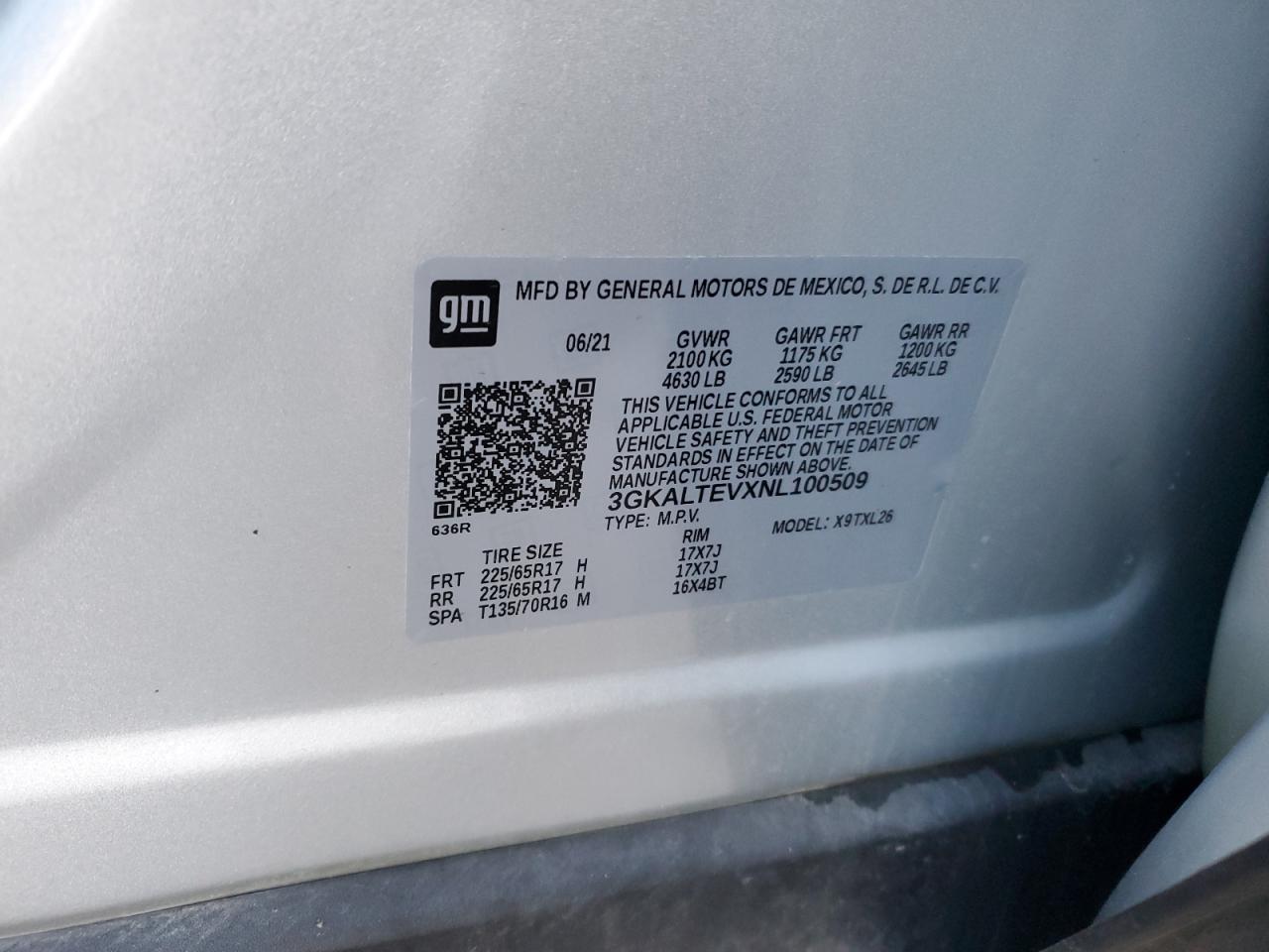 2022 GMC TERRAIN SLE VIN:3GKALTEVXNL100509