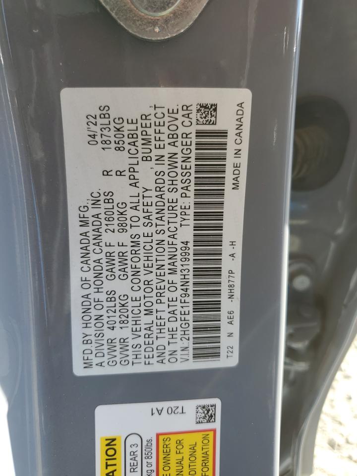 2022 HONDA CIVIC TOURING VIN:2HGFE1F94NH319994