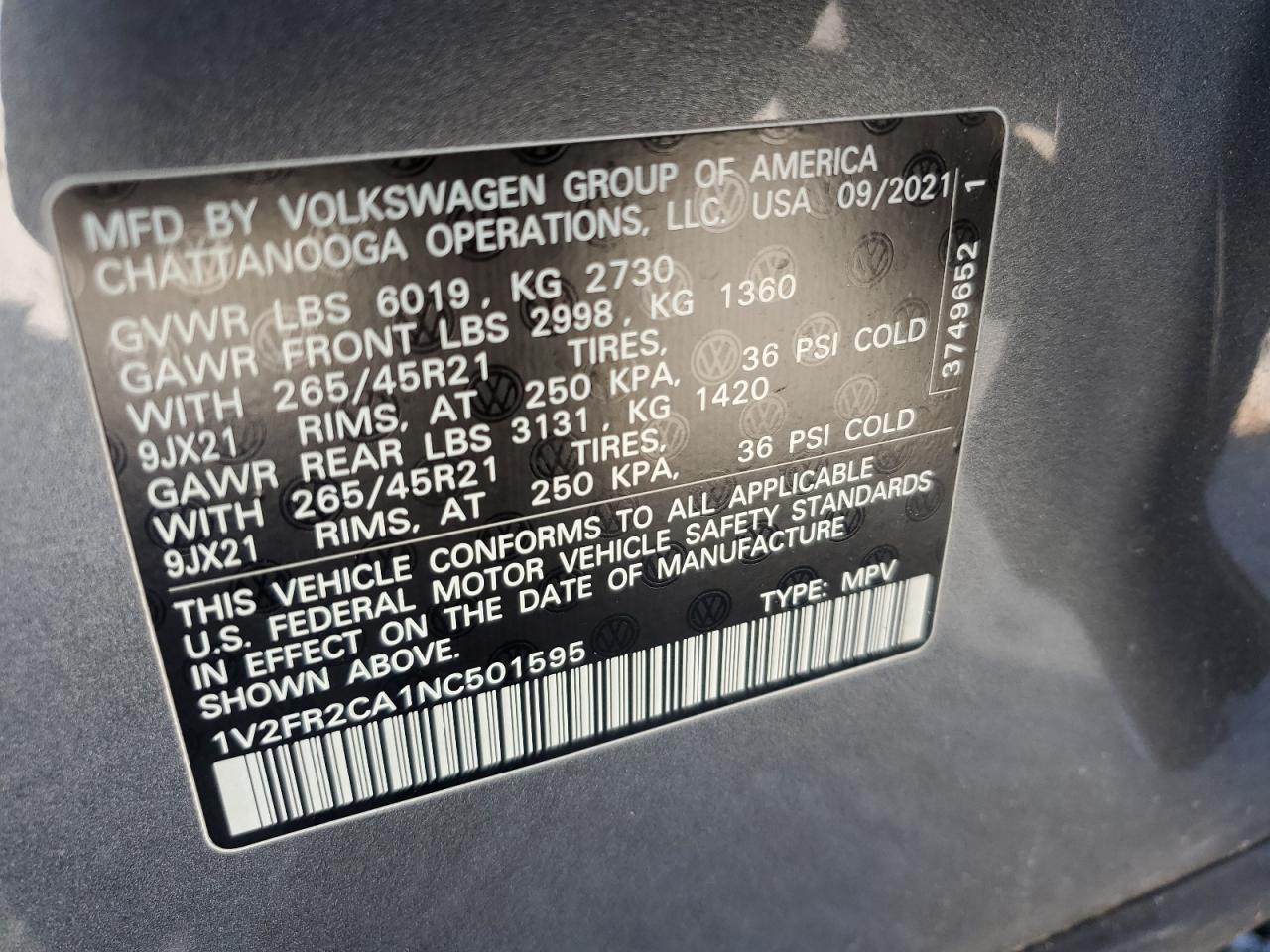 2022 VOLKSWAGEN ATLAS SEL PREMIUM R-LINE VIN:1V2FR2CA1NC501595