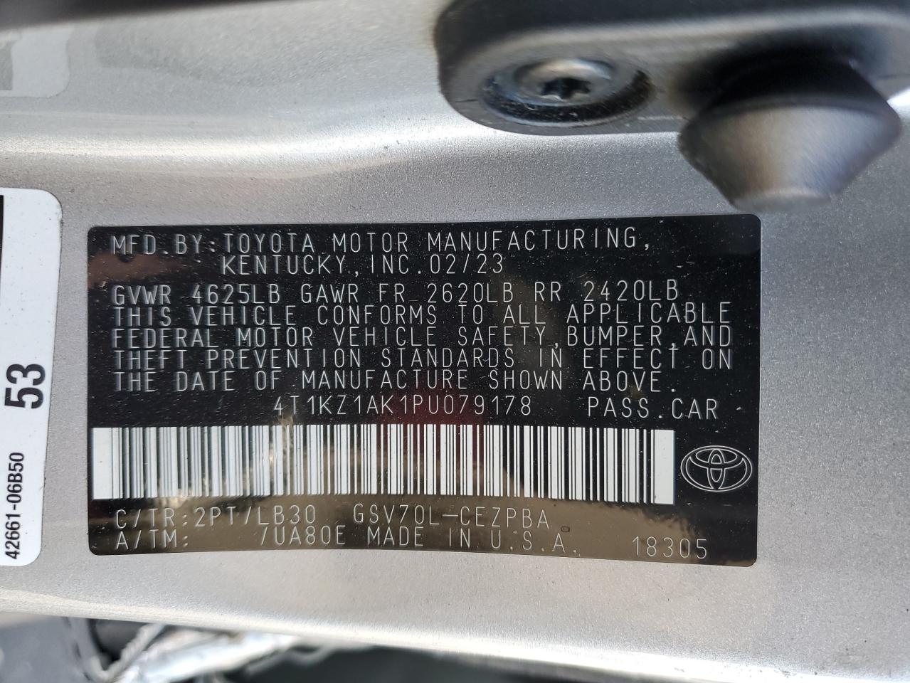 2023 TOYOTA CAMRY TRD VIN:4T1KZ1AK1PU079178