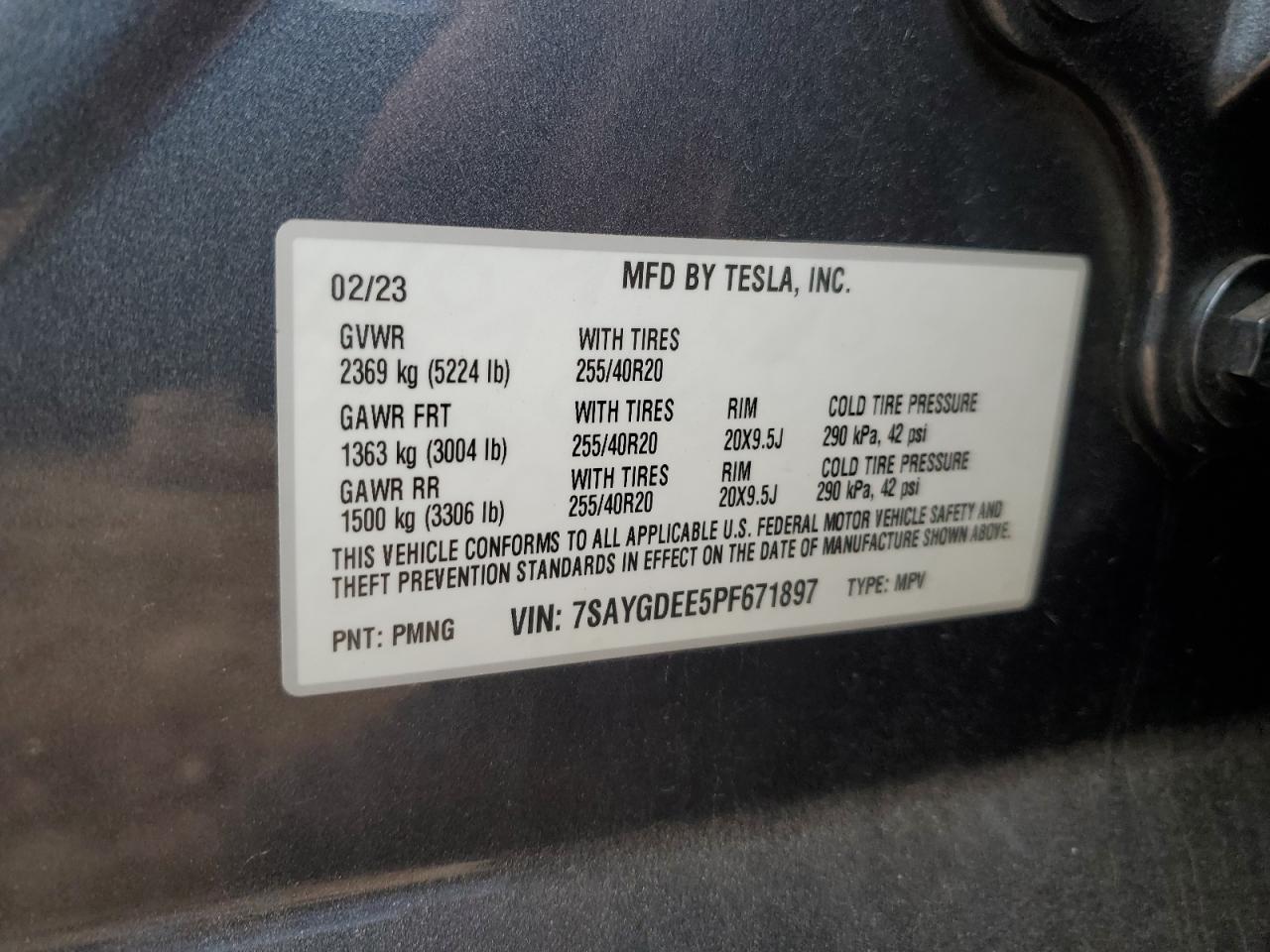 2023 TESLA MODEL Y  VIN:7SAYGDEE5PF671897