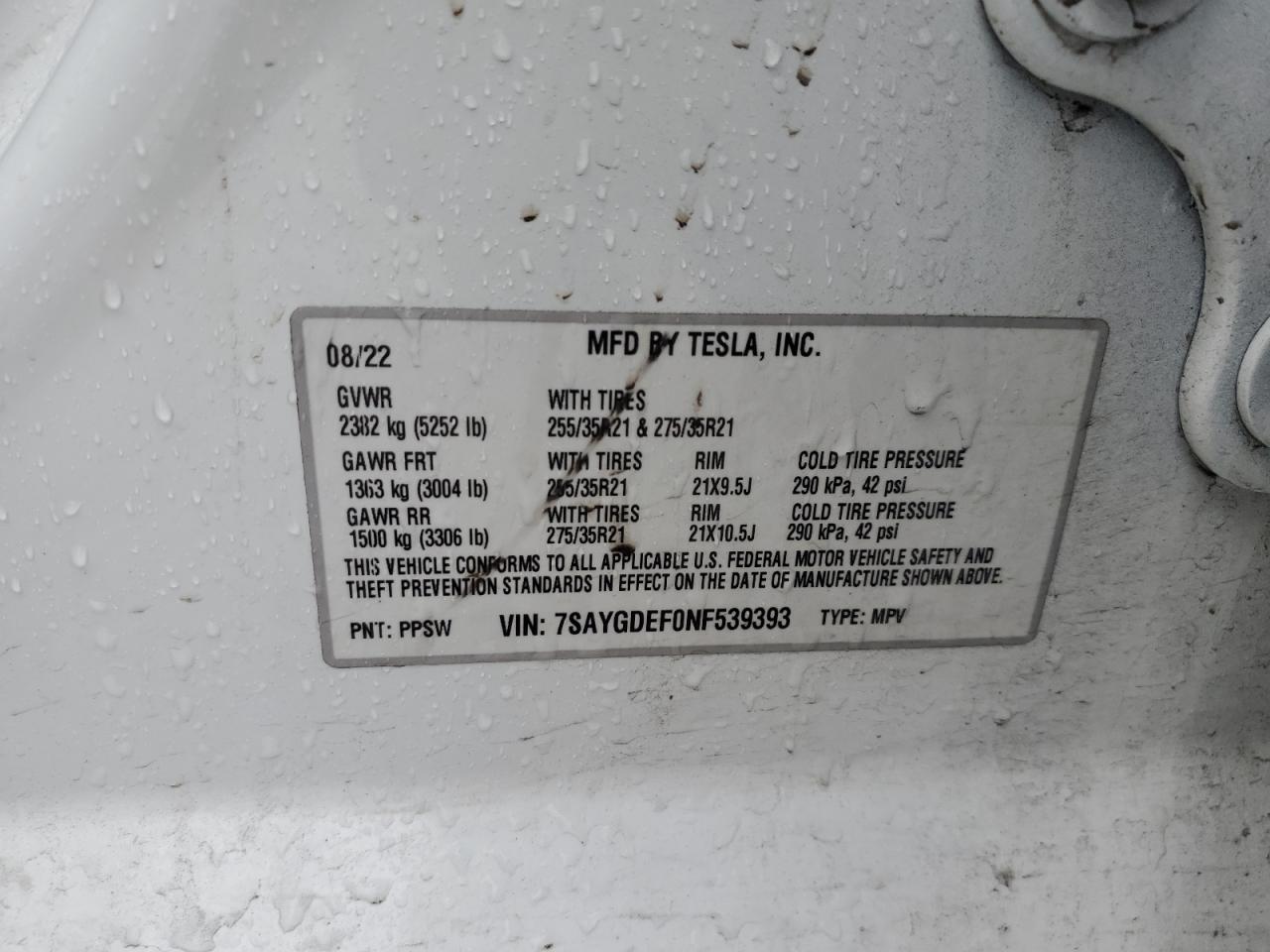 2022 TESLA MODEL Y  VIN:7SAYGDEF0NF539393