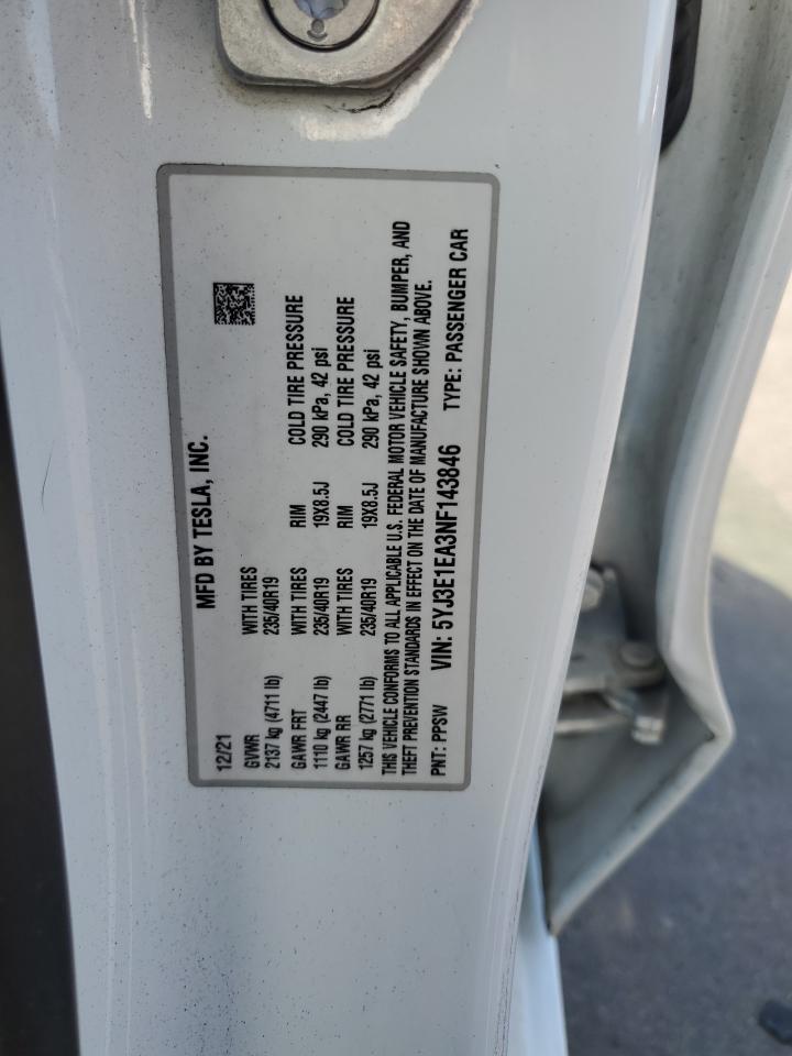 2022 TESLA MODEL 3  VIN:5YJ3E1EA3NF143846