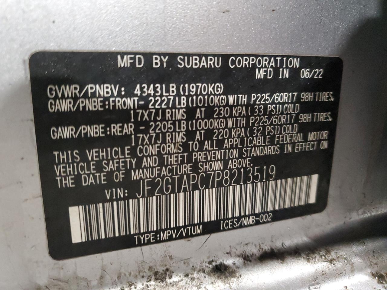 2023 SUBARU CROSSTREK PREMIUM VIN:JF2GTAPC7P8213519