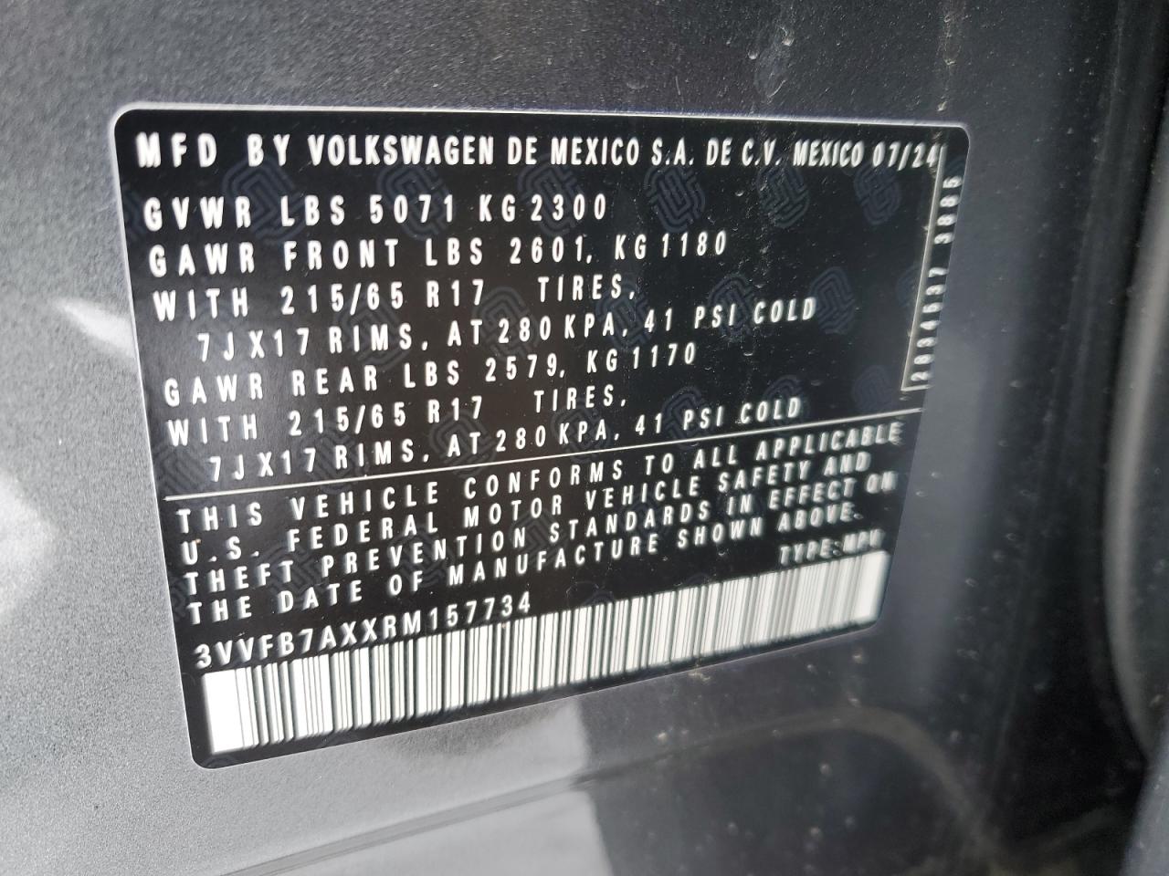 2024 VOLKSWAGEN TIGUAN S VIN:3VVFB7AXXRM157734