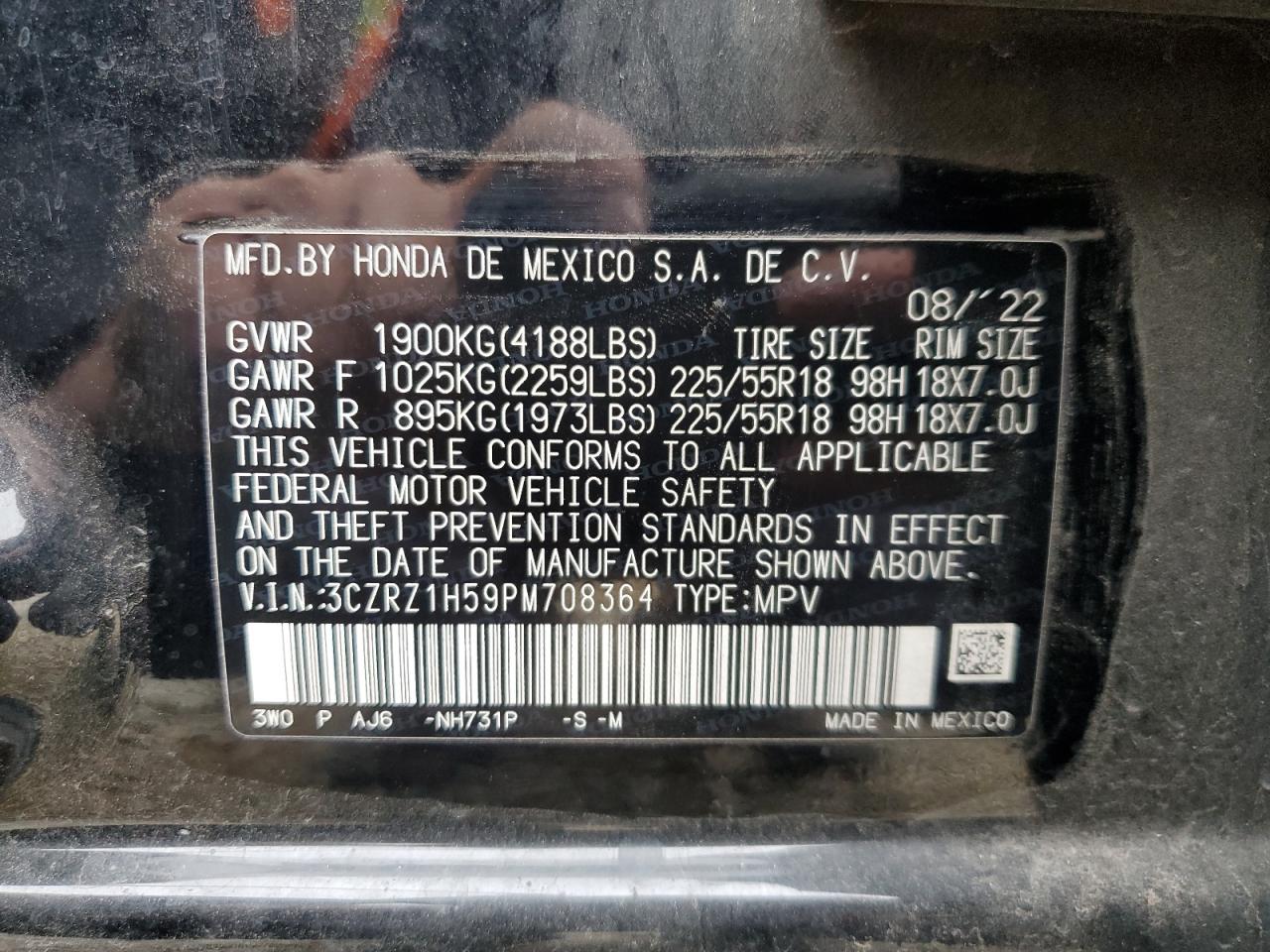2023 HONDA HR-V SPORT VIN:3CZRZ1H59PM708364
