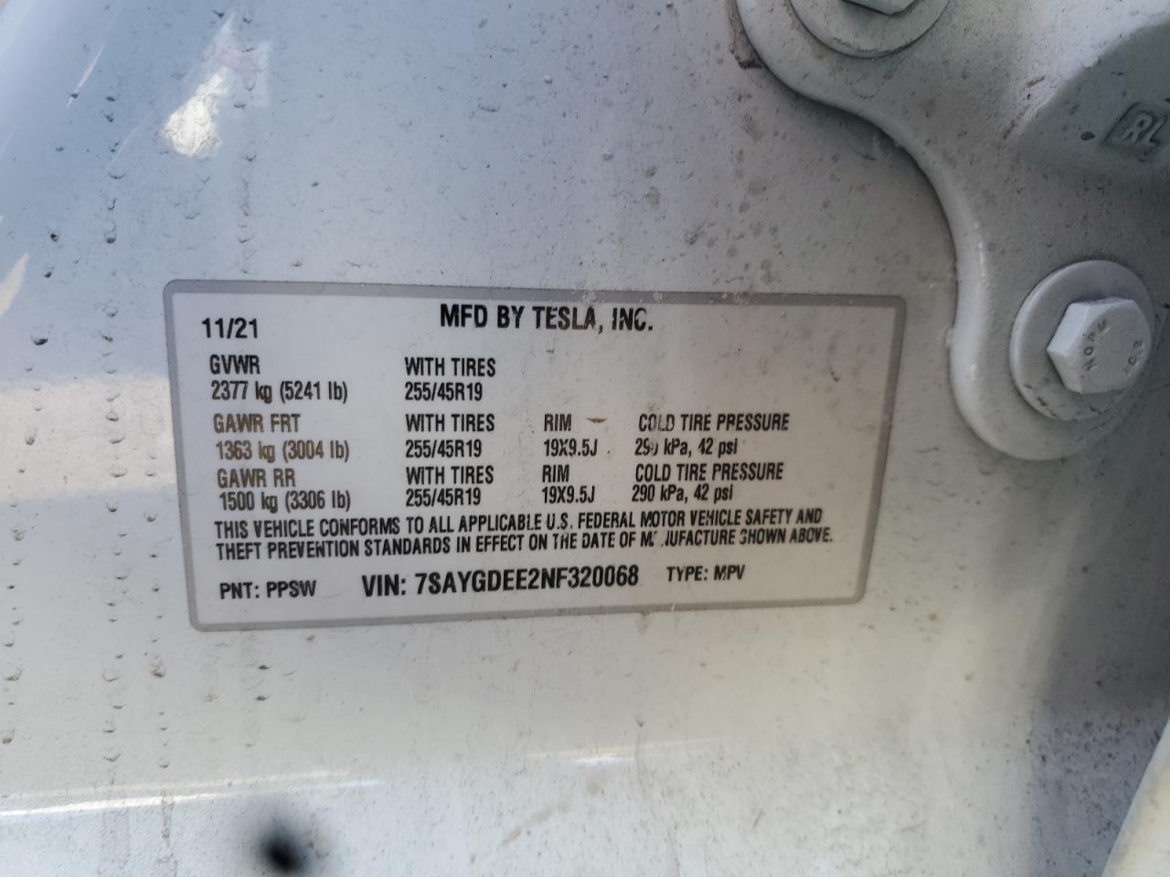 2022 TESLA MODEL Y  VIN:7SAYGDEE2NF320068