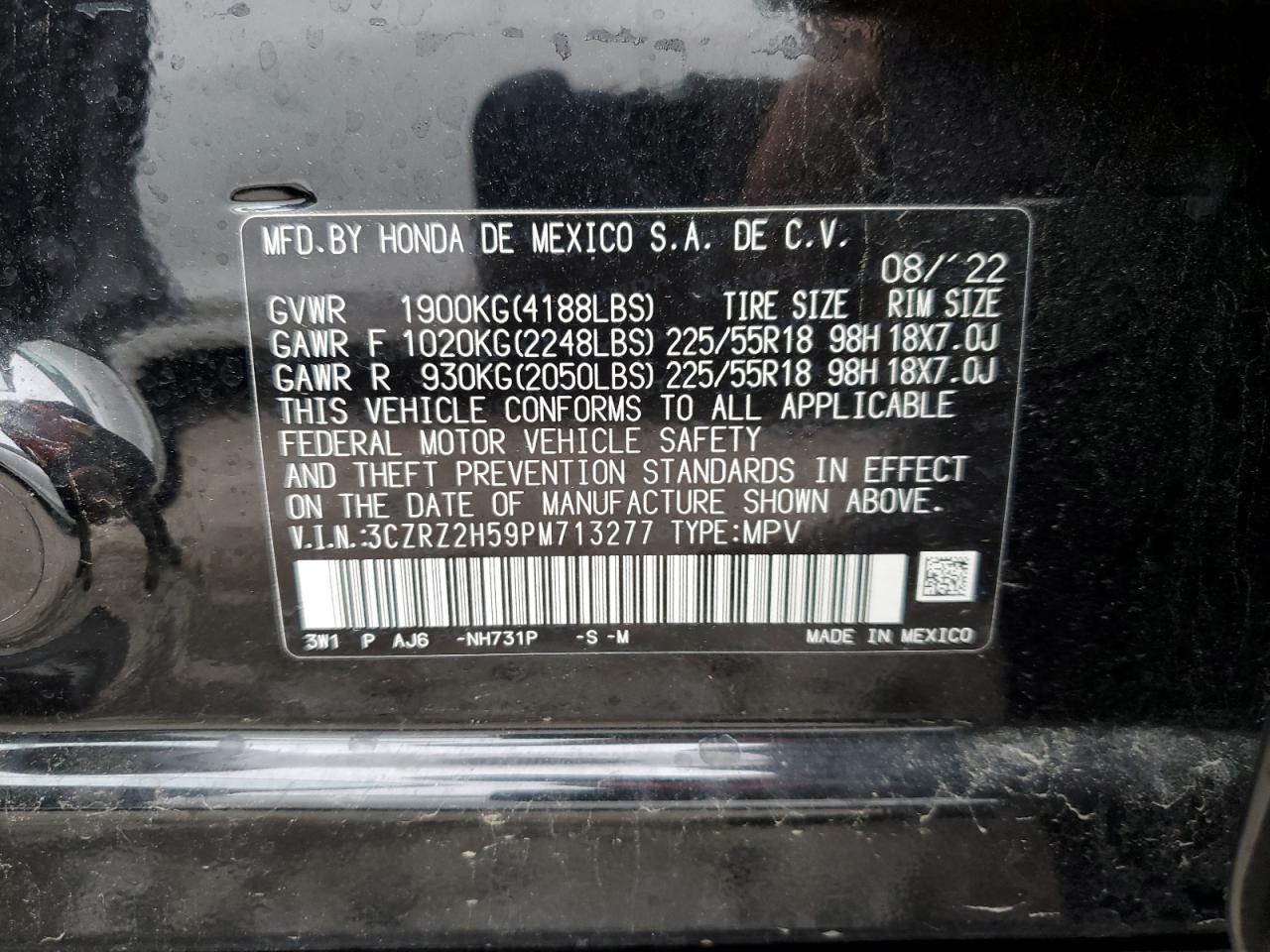 2023 HONDA HR-V SPORT VIN:3CZRZ2H59PM713277