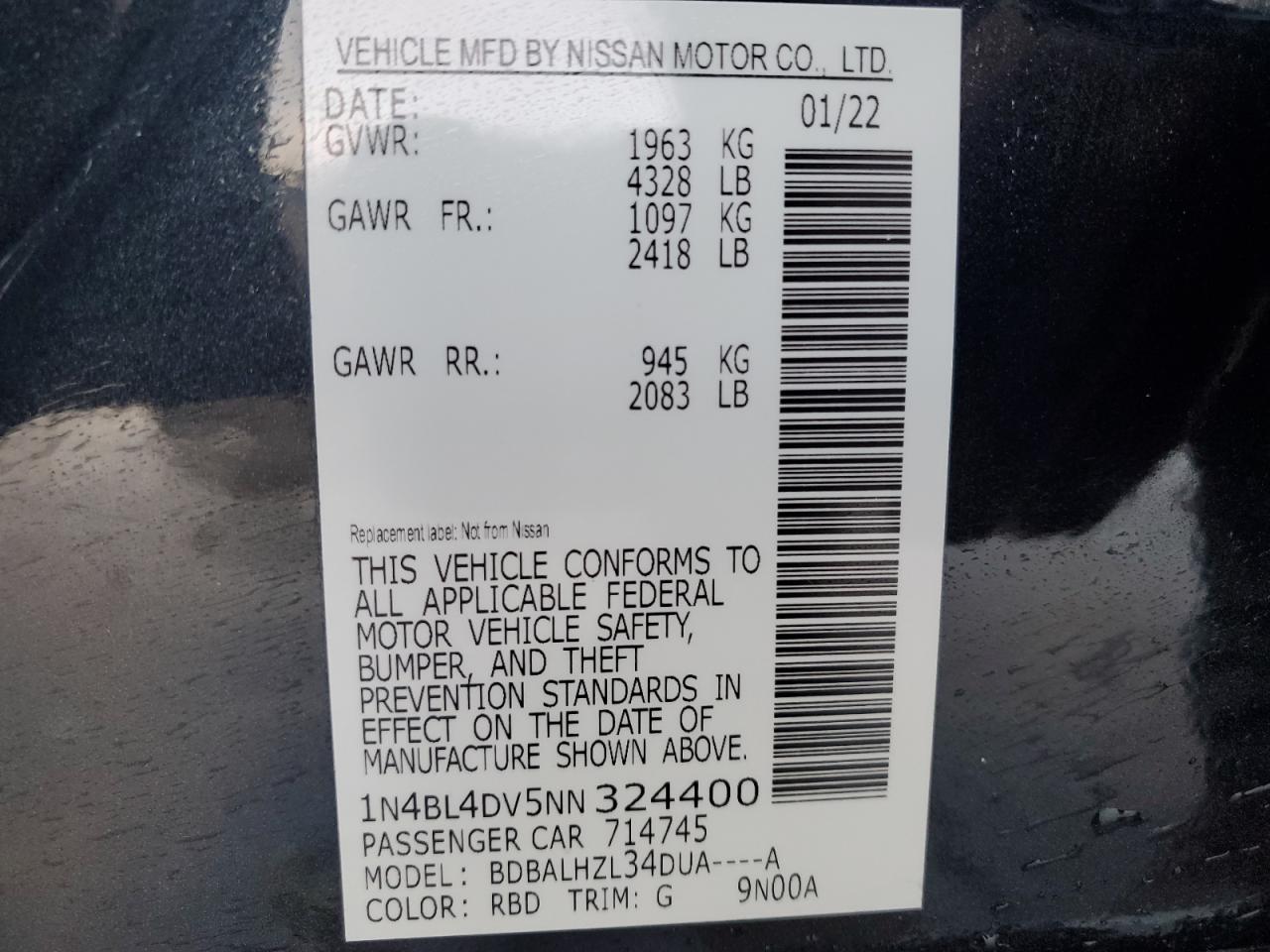 2022 NISSAN ALTIMA SV VIN:1N4BL4DV5NN324400