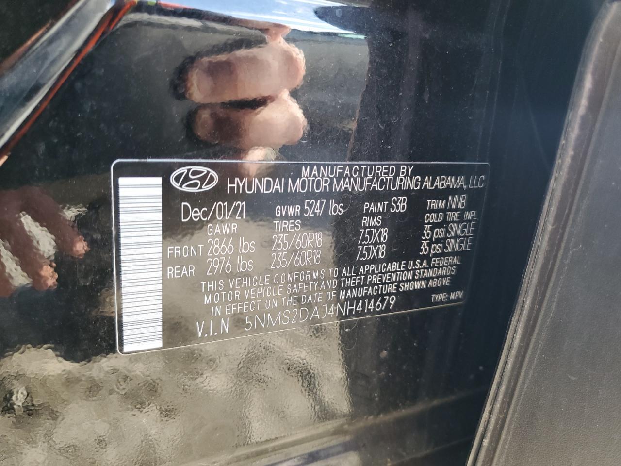 2022 HYUNDAI SANTA FE SEL VIN:5NMS2DAJ4NH414679