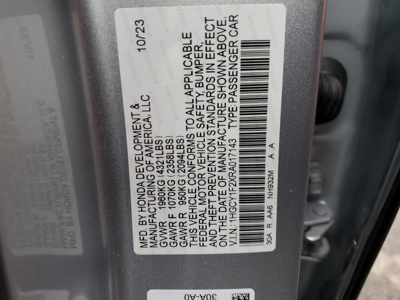 2024 HONDA ACCORD LX VIN:1HGCY1F2XRA017143