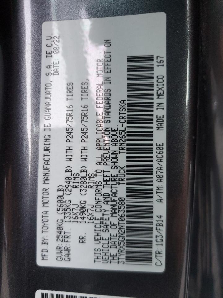 2022 TOYOTA TACOMA ACCESS CAB VIN:3TYRX5GN2NT063580