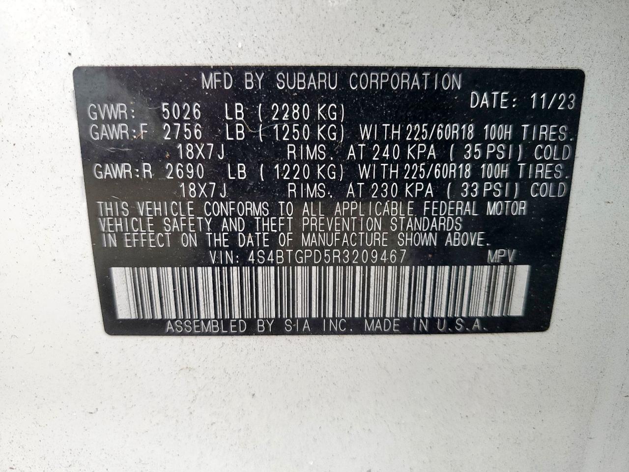 2024 SUBARU OUTBACK TOURING VIN:4S4BTGPD5R3209467