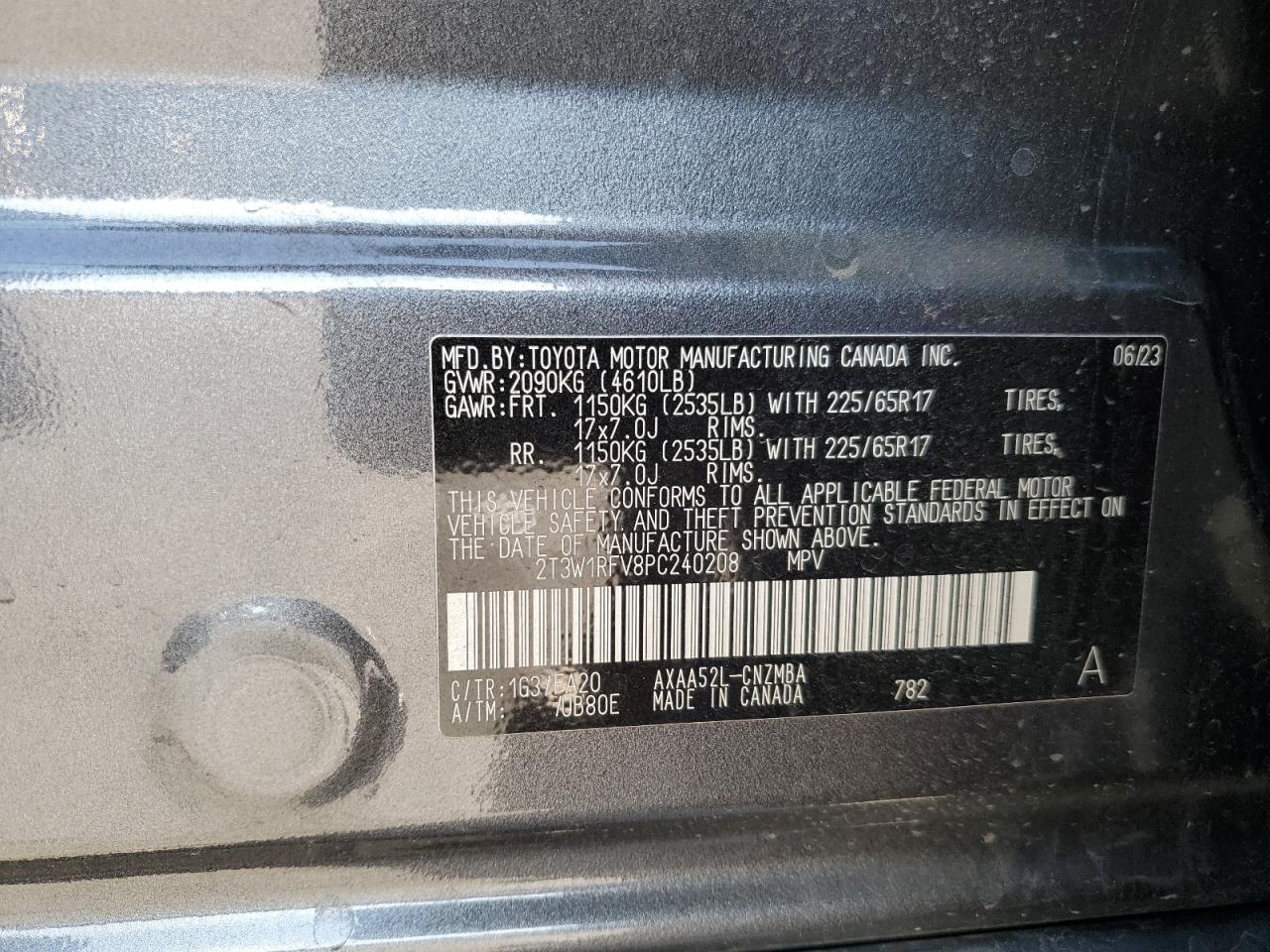 2023 TOYOTA RAV4 XLE VIN:2T3W1RFV8PC240208