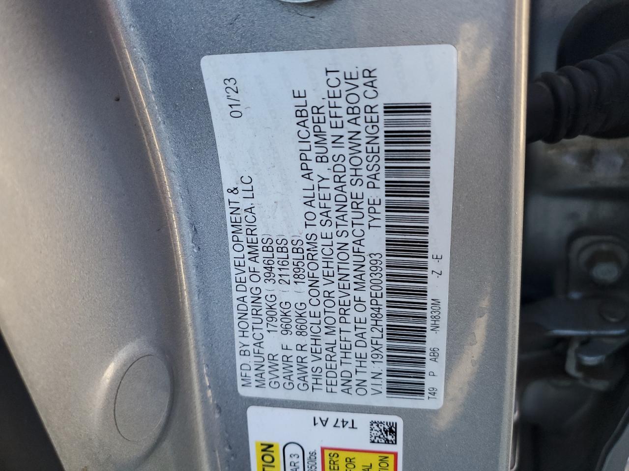 2023 HONDA CIVIC SPORT VIN:19XFL2H84PE003993