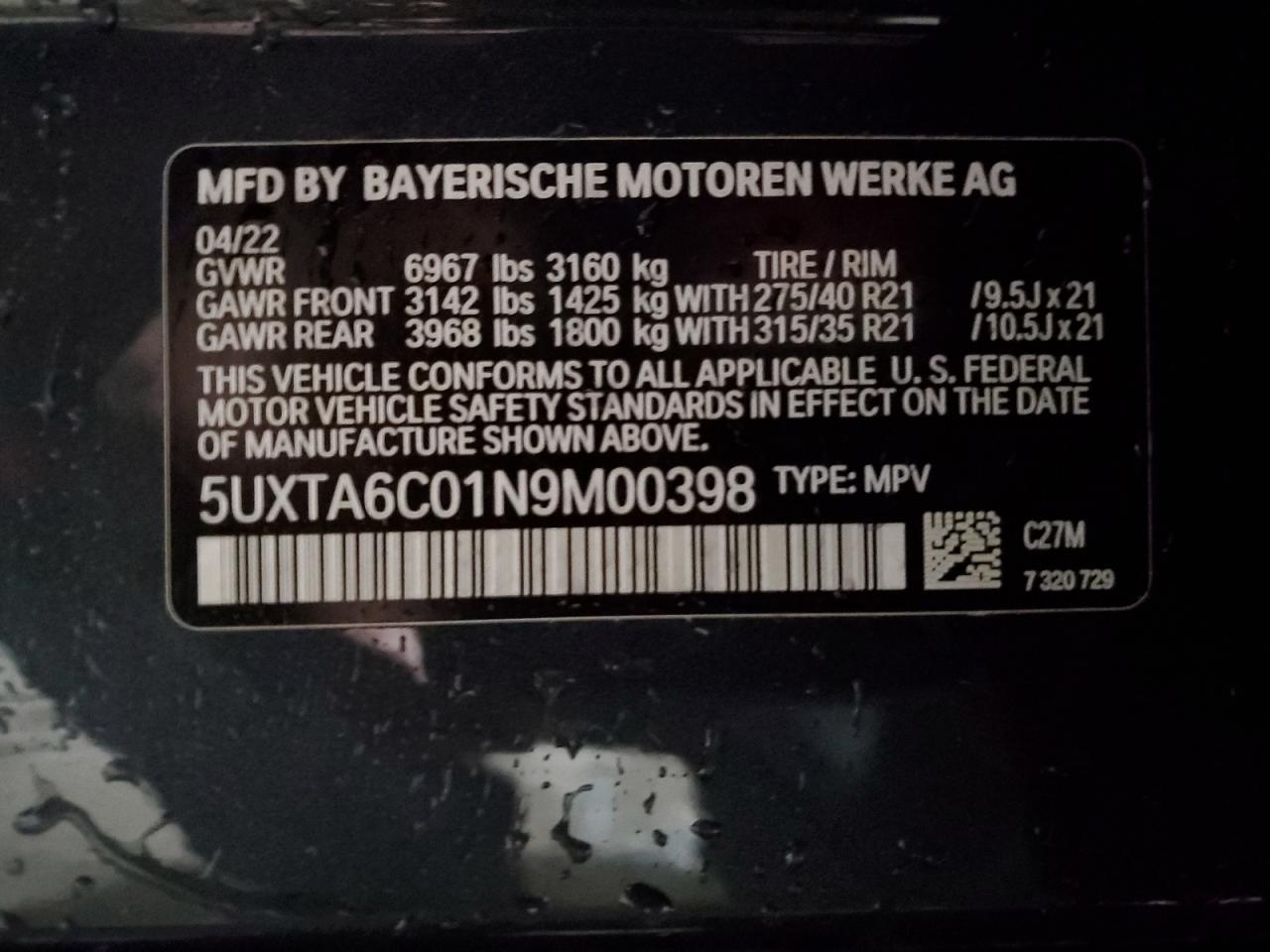 2022 BMW X5 XDRIVE45E VIN:5UXTA6C01N9M00398