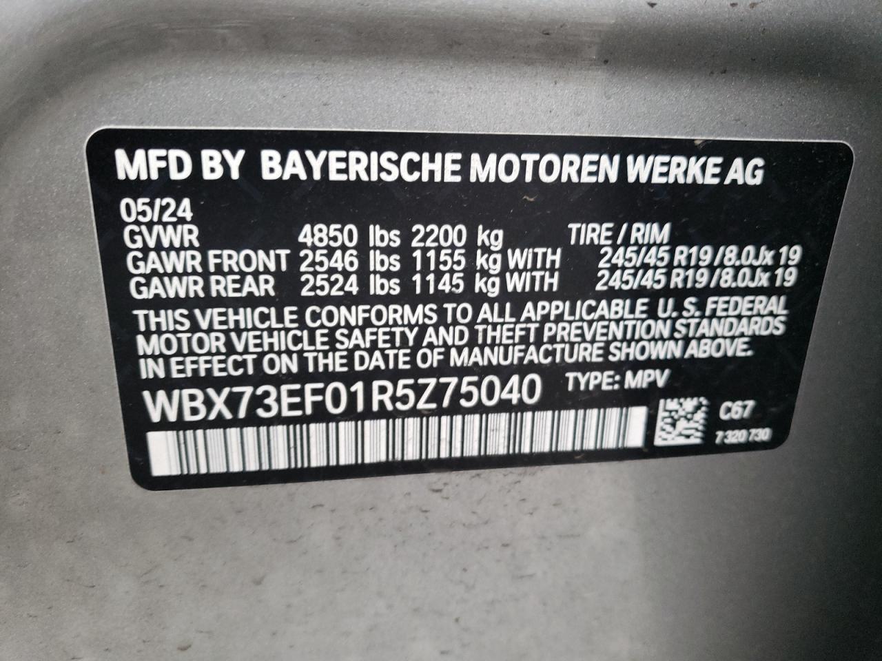 2024 BMW X1 XDRIVE28I VIN:WBX73EF01R5Z75040