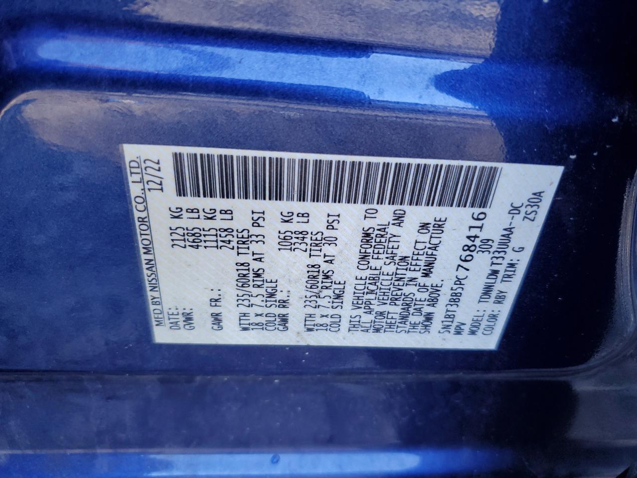 2023 NISSAN ROGUE SV VIN:5N1BT3BB5PC768416