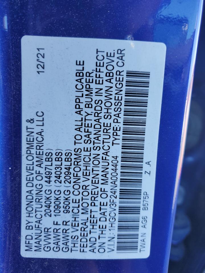 2022 HONDA ACCORD HYBRID SPORT VIN:1HGCV3F24NA004404