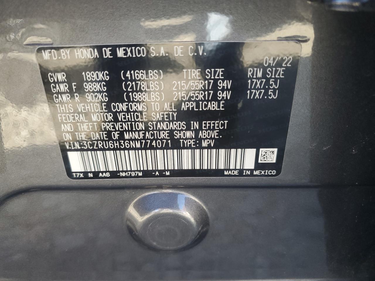 2022 HONDA HR-V LX VIN:3CZRU6H36NM774071