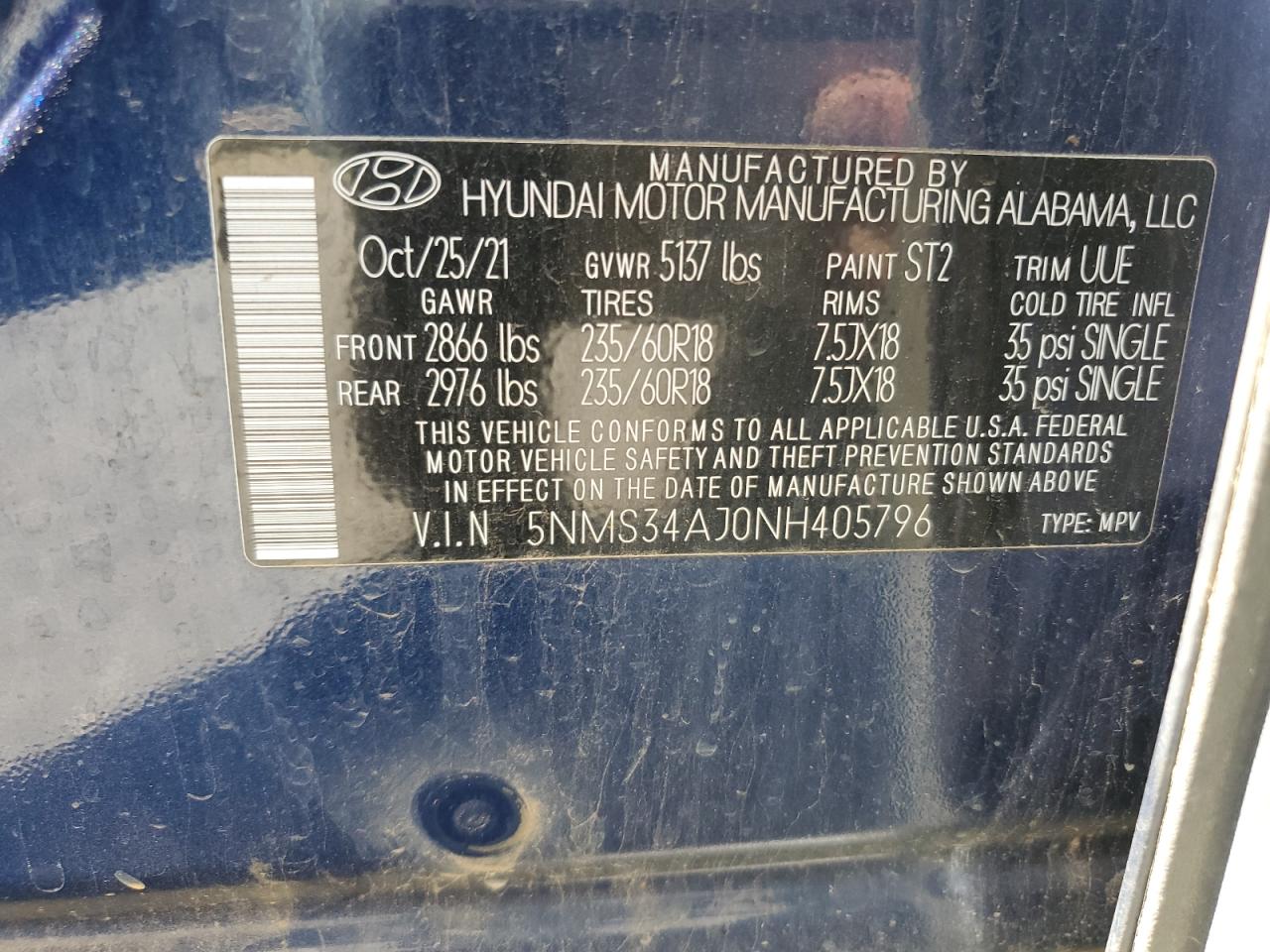 2022 HYUNDAI SANTA FE SEL VIN:5NMS34AJ0NH405796