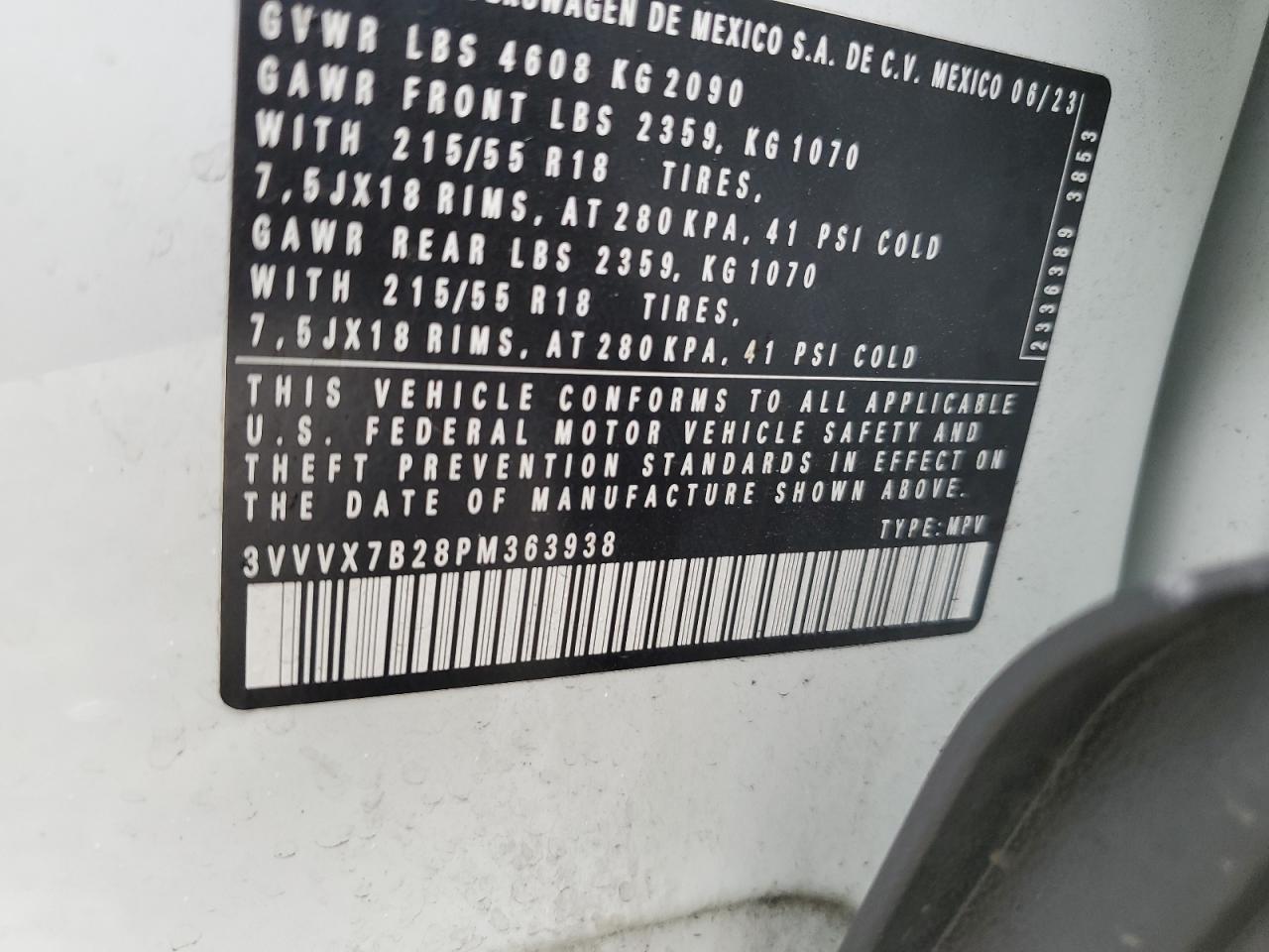 2023 VOLKSWAGEN TAOS SE VIN:3VVVX7B28PM363938