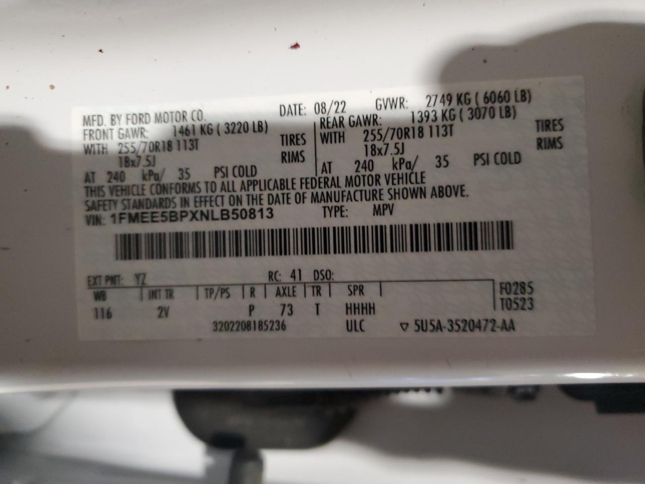 2022 FORD BRONCO BASE VIN:1FMEE5BPXNLB50813