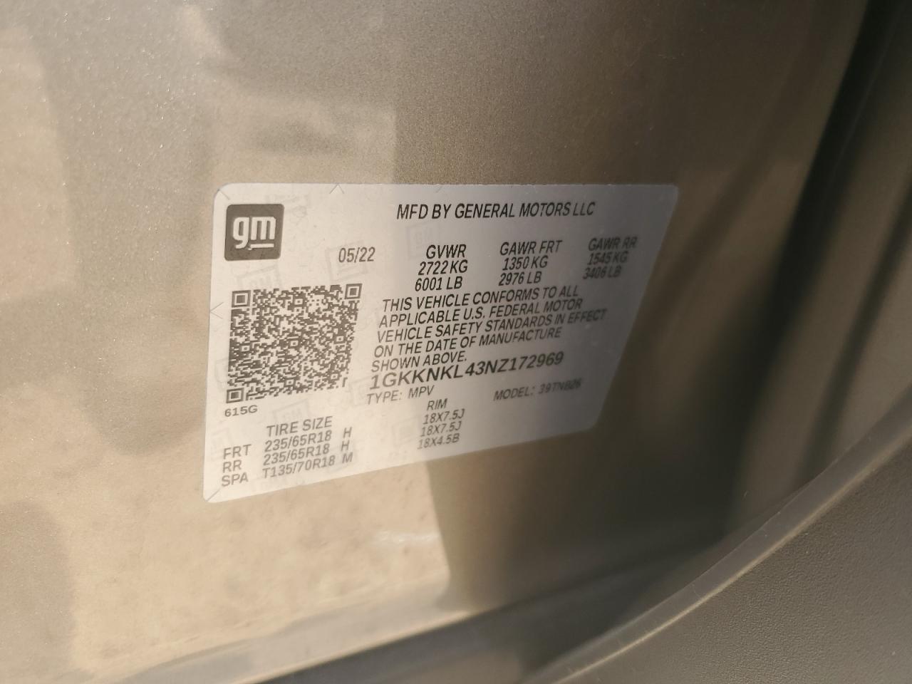 2022 GMC ACADIA SLE VIN:1GKKNKL43NZ172969