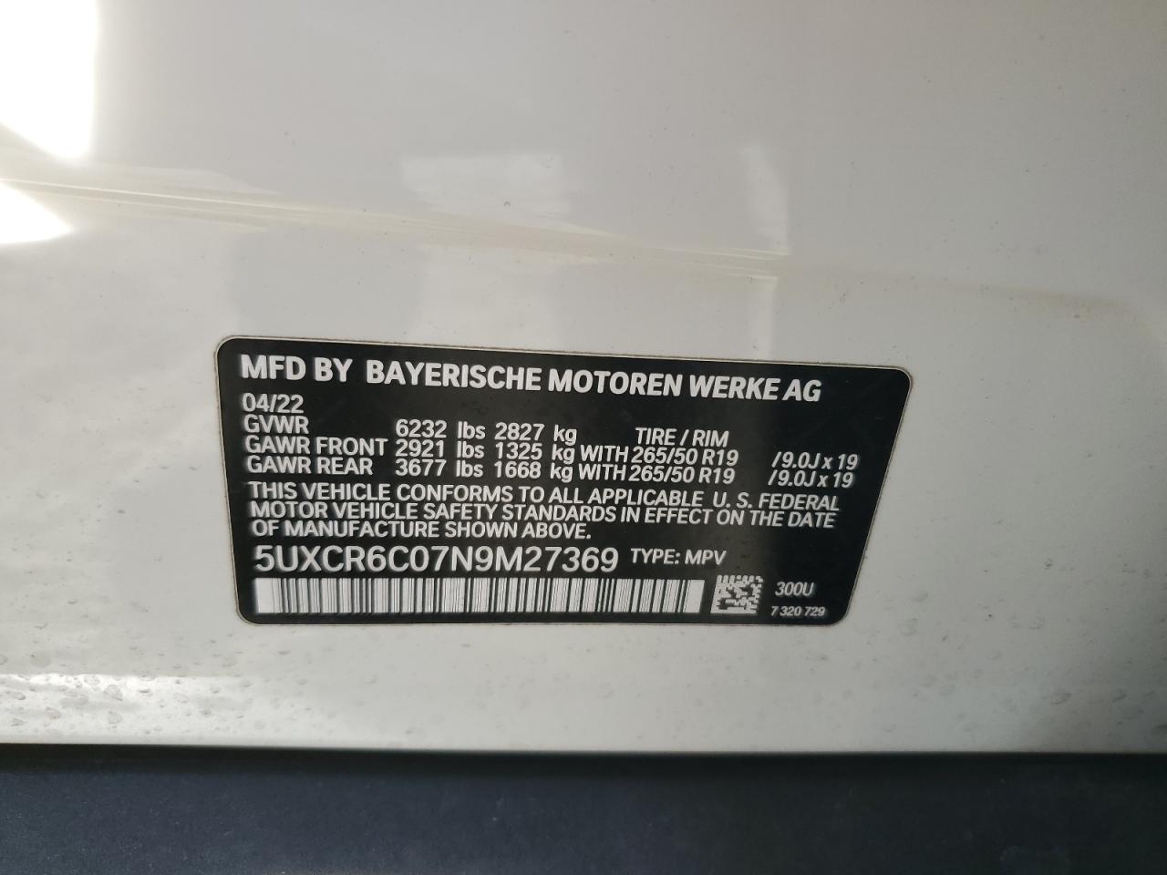 2022 BMW X5 XDRIVE40I VIN:5UXCR6C07N9M27369