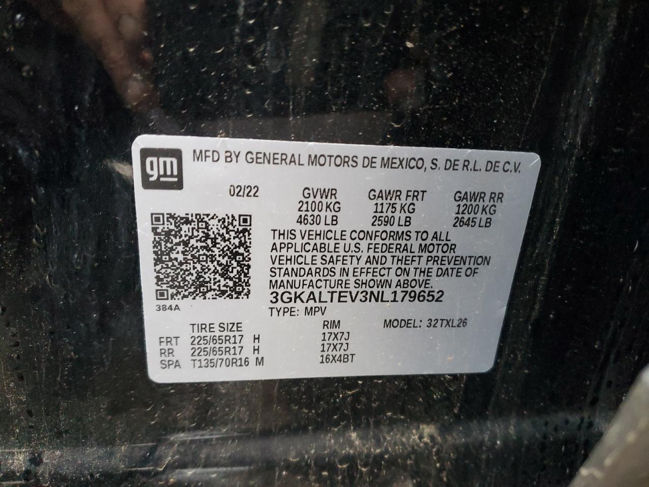 2022 GMC TERRAIN SLE VIN:3GKALTEV3NL179652