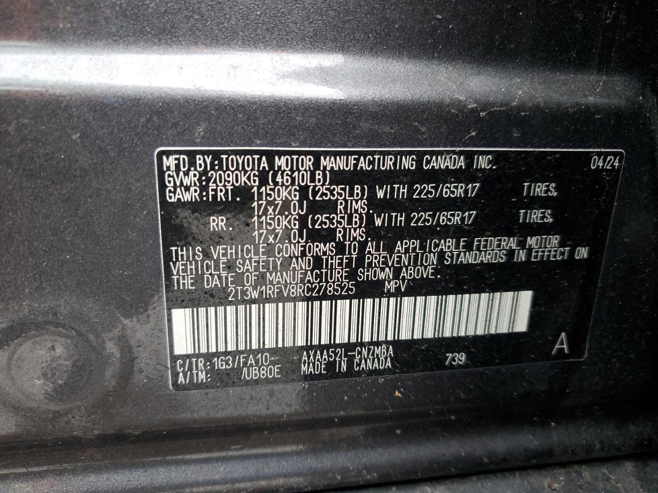 2024 TOYOTA RAV4 XLE VIN:2T3W1RFV8RC278525
