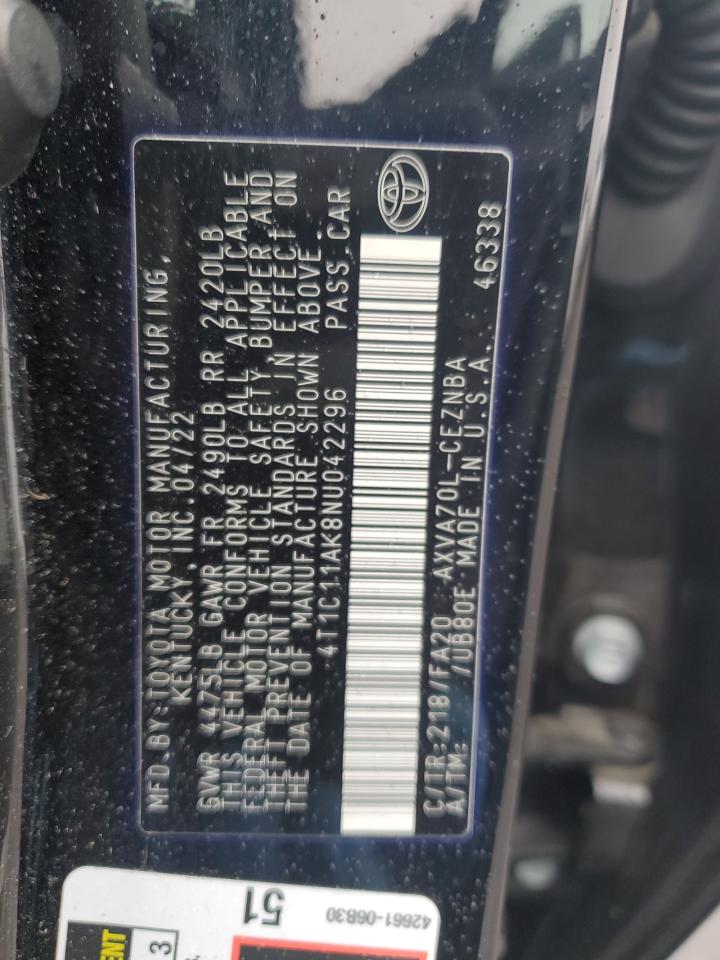 2022 TOYOTA CAMRY LE VIN:4T1C11AK8NU042296