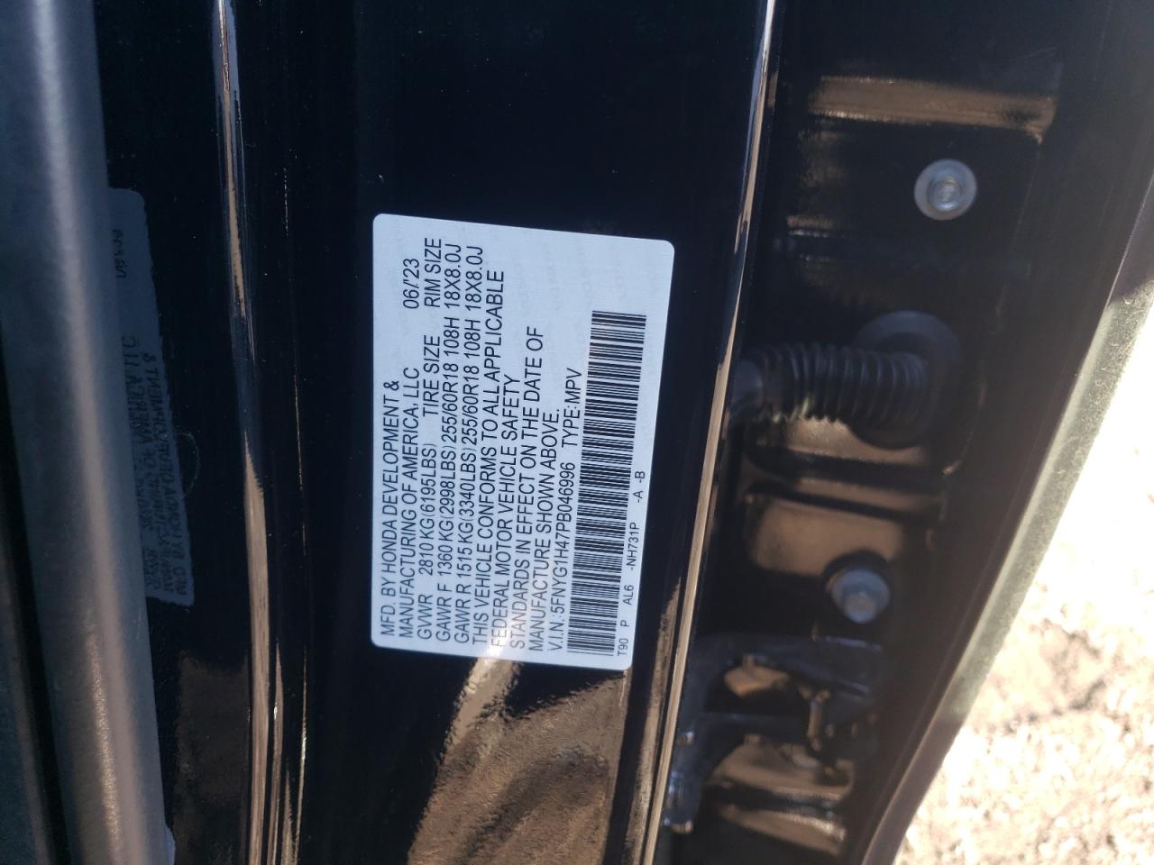 2023 HONDA PILOT EXL VIN:5FNYG1H47PB046996