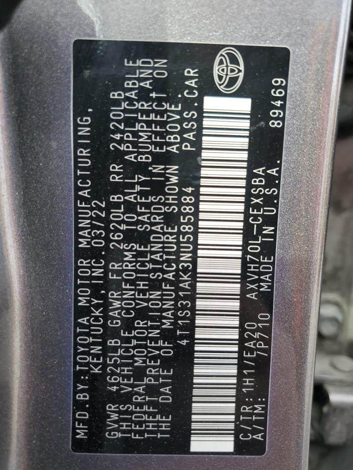 2022 TOYOTA CAMRY NIGHT SHADE VIN:4T1S31AK3NU585884