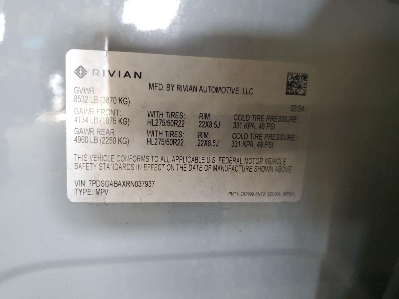 2024 RIVIAN R1S ADVENTURE VIN:7PDSGABAXRN037937